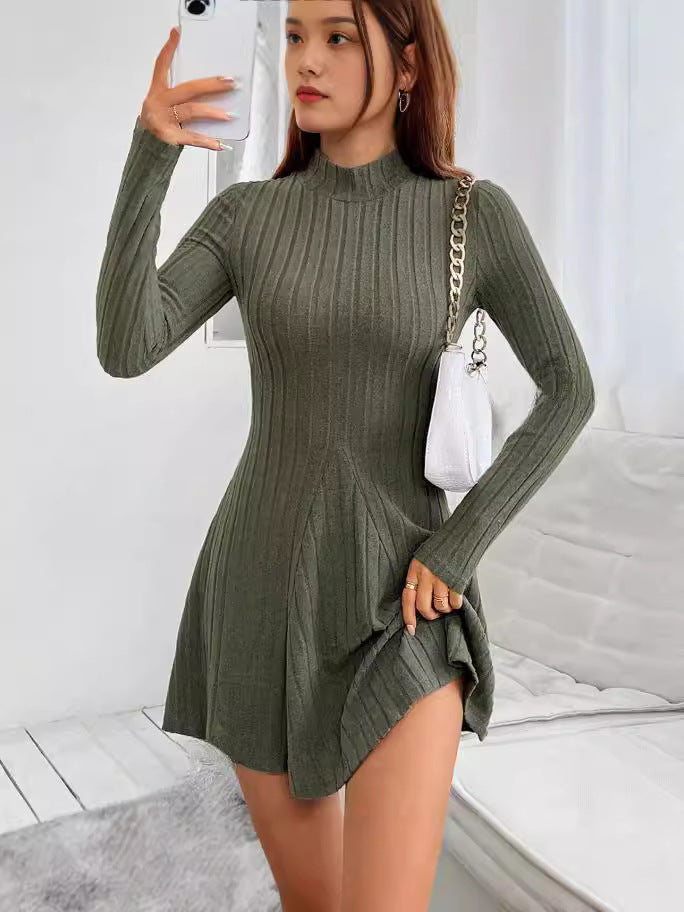 Women's Slim Fit Solid Color Long Sleeve Knitted Dress