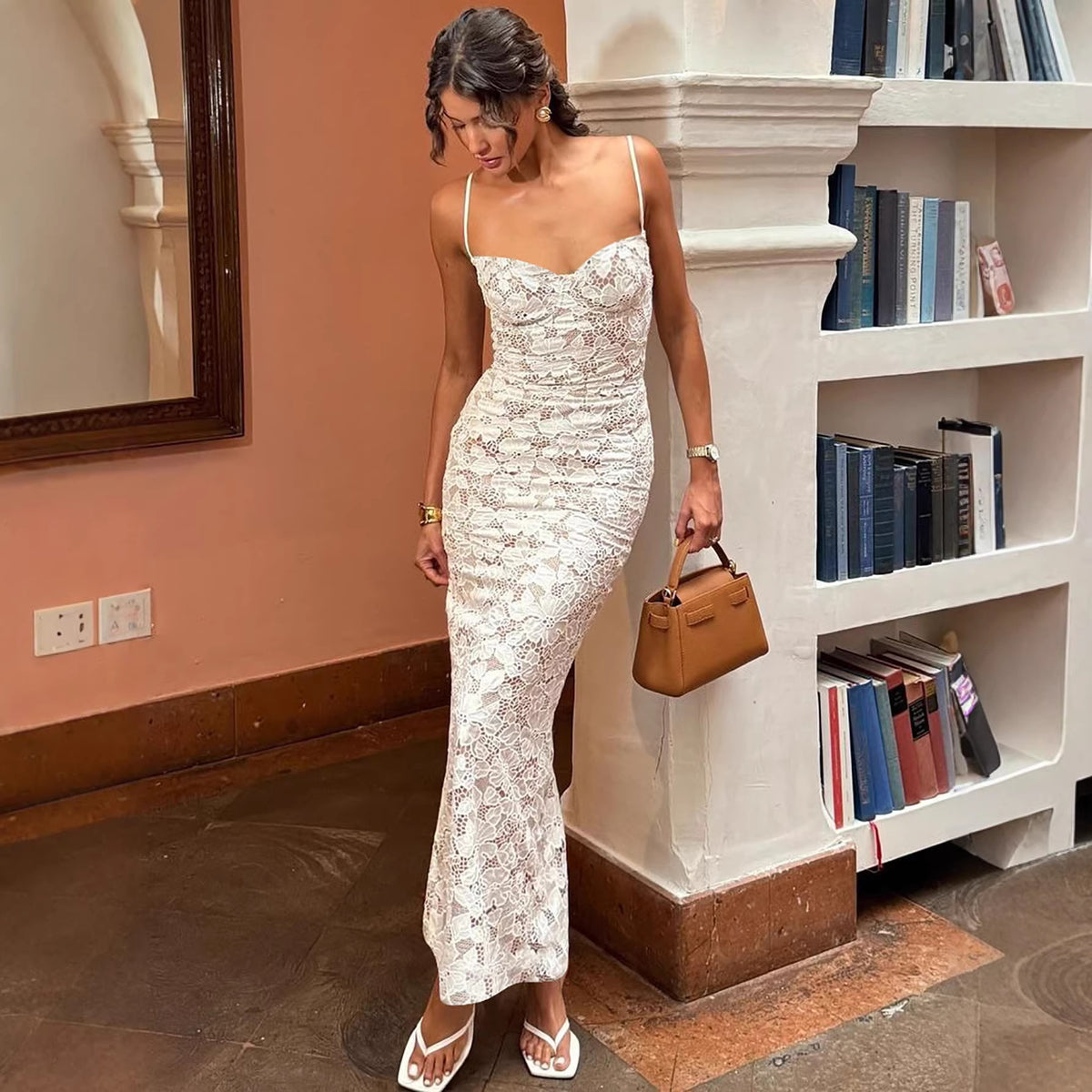 Lace Patchwork Strappy Backless Slip Dress
