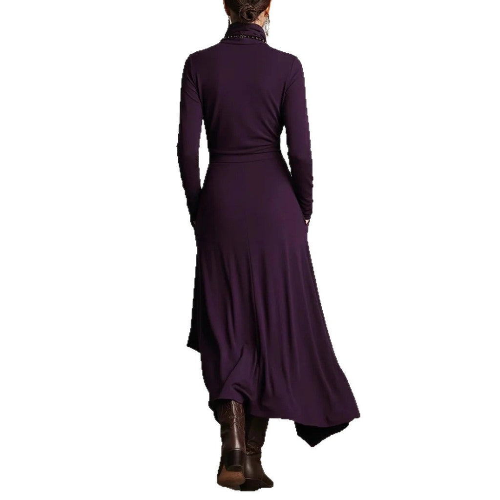 Women's Solid Color Long Sleeve A-Line Knitted Maxi Dress with Half Turtleneck