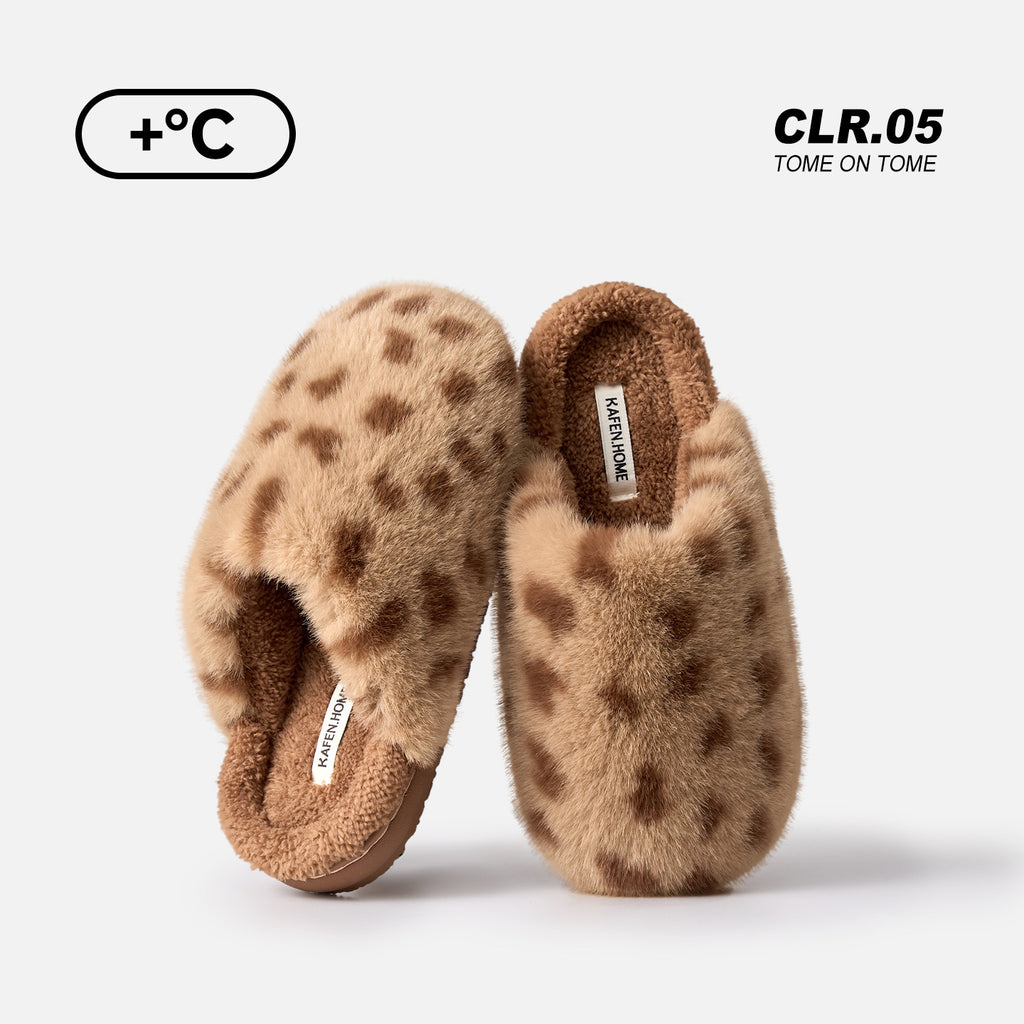 Women Winter Warm Fleece Lined Leopard Print Plush Closed Toe Non Slip House Slippers