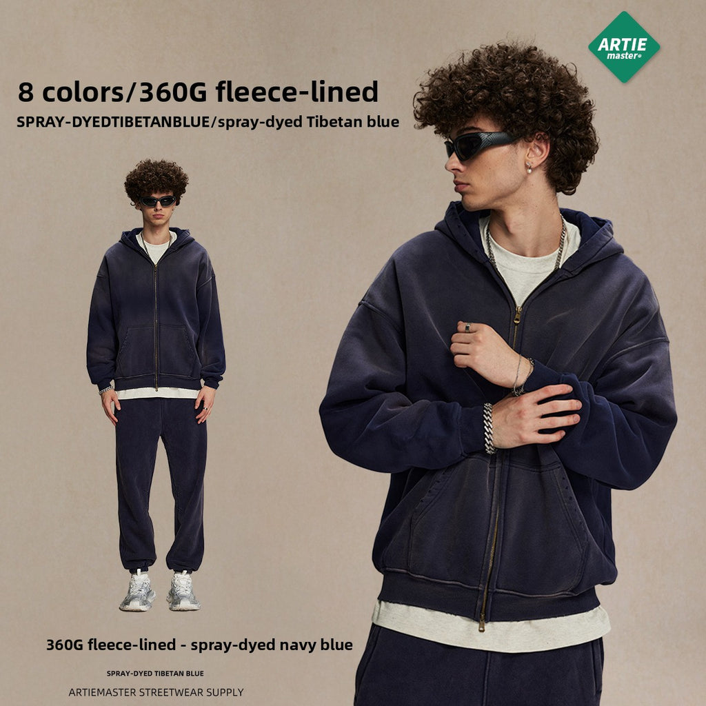 Men's garment dyeing distressed and padded double-headed zipper sweatshirt and pants set