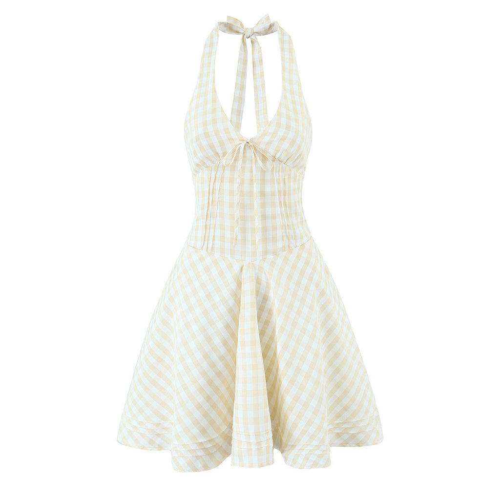 French Retro Plaid Halterneck Backless Dress