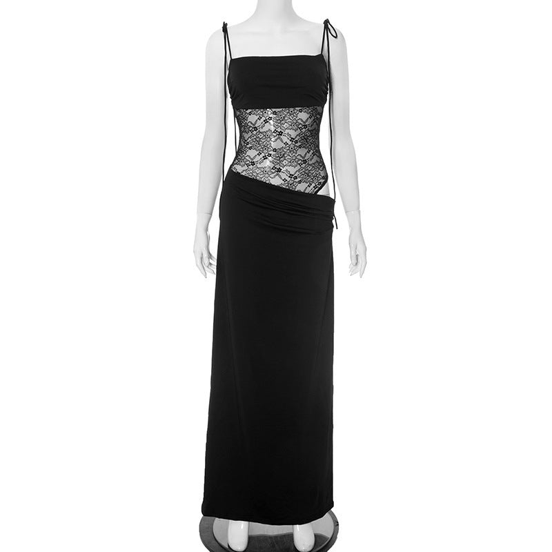 Women Solid Color Spaghetti Strap Lace Slim Fit Patchwork Dress