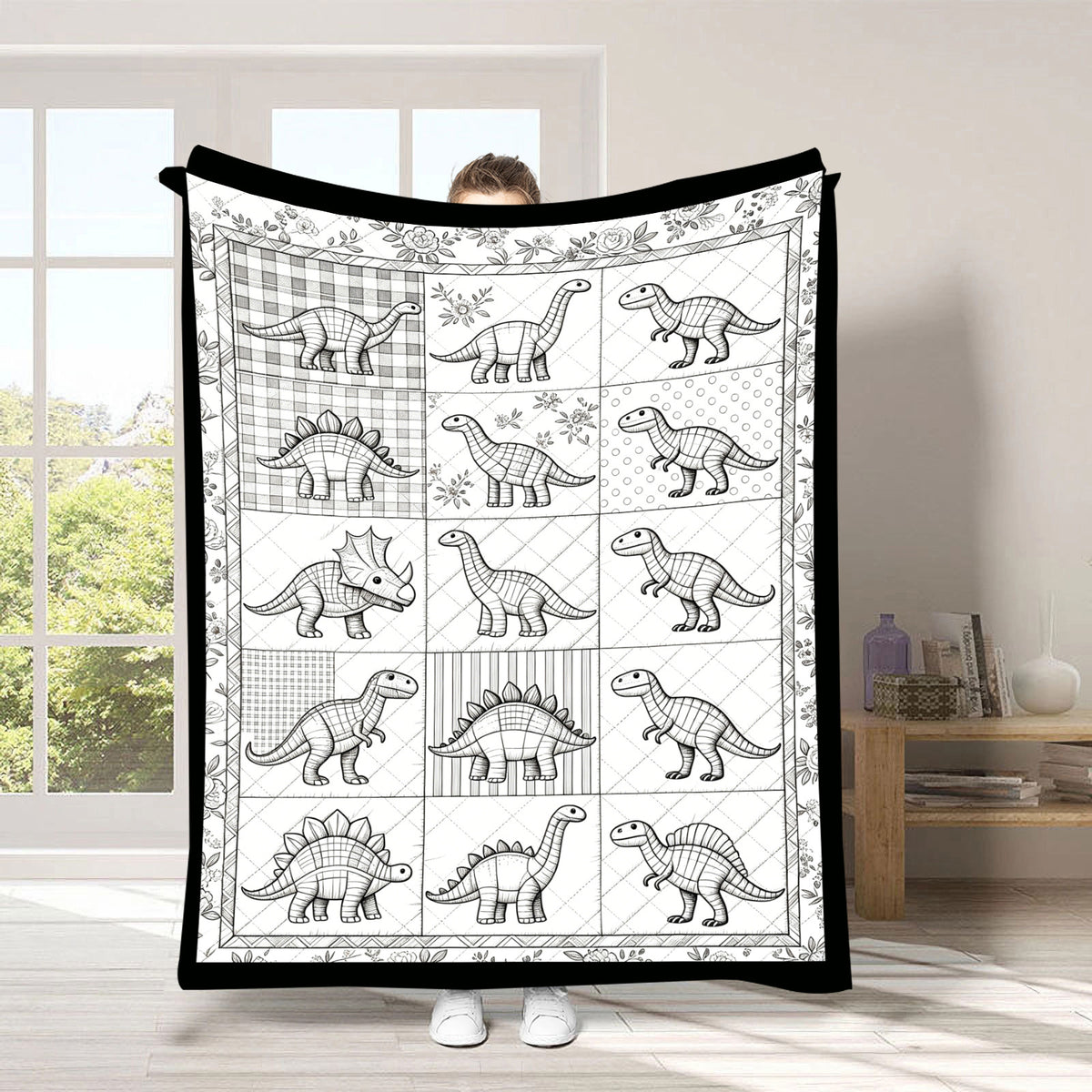 Black and white line-drawn graffiti rug