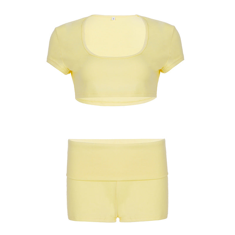 Solid Color U-Neck Short-Sleeve T-Shirt