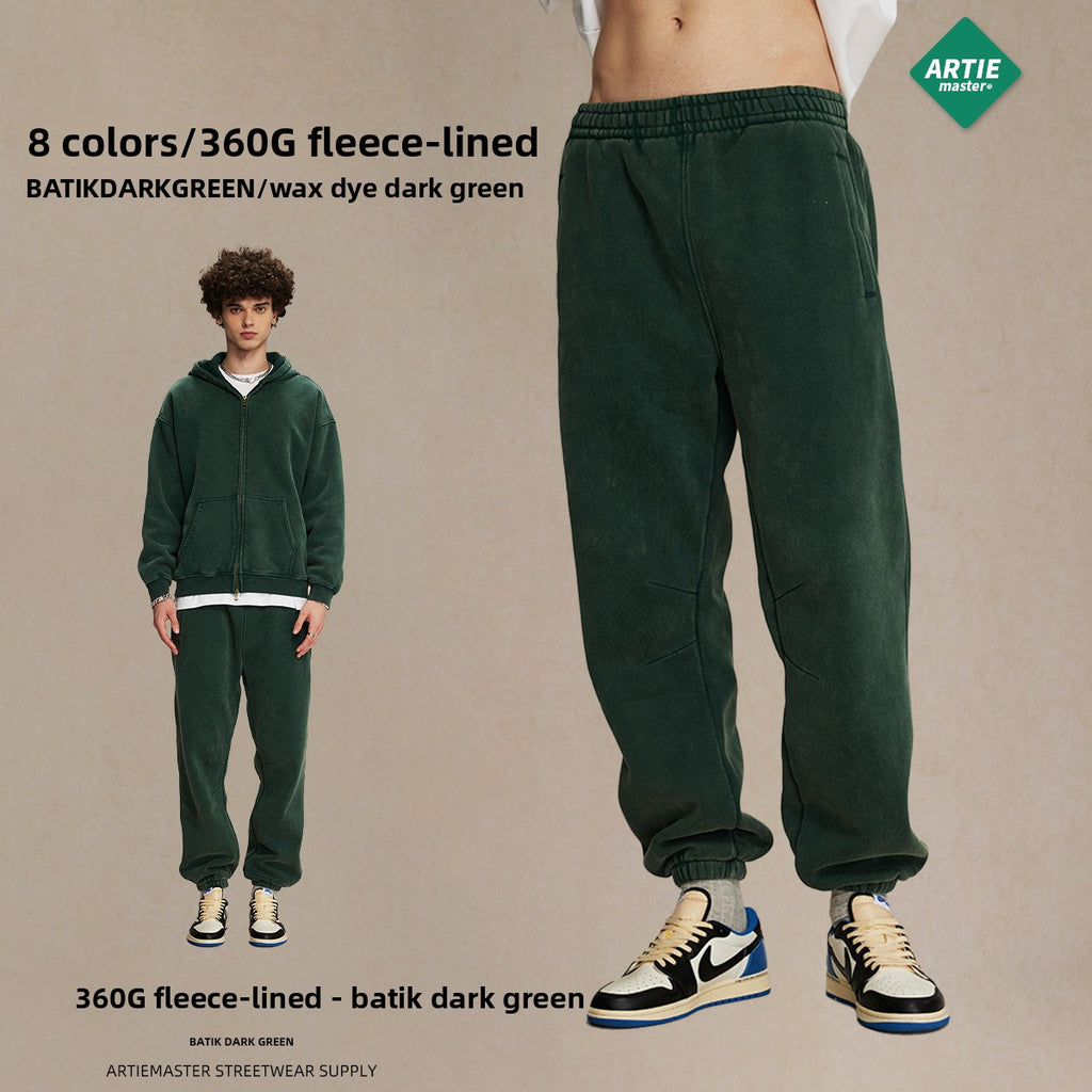 Men's garment dyeing distressed and padded double-headed zipper sweatshirt and pants set