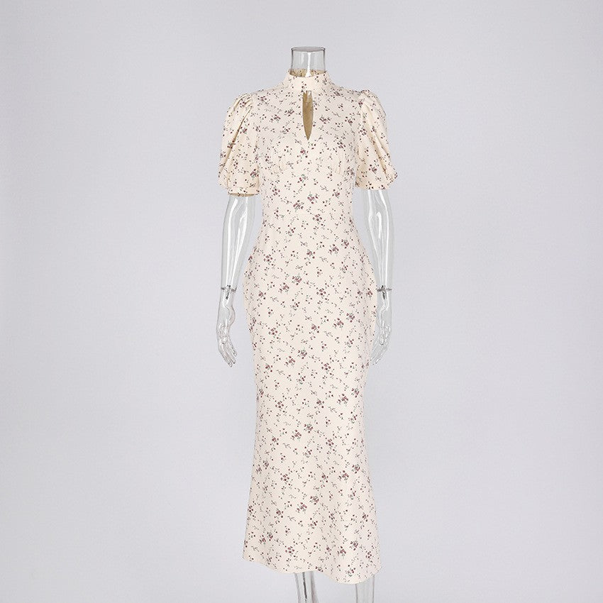 Women's Floral Print Deep V-Neck High-Waist Long Dress