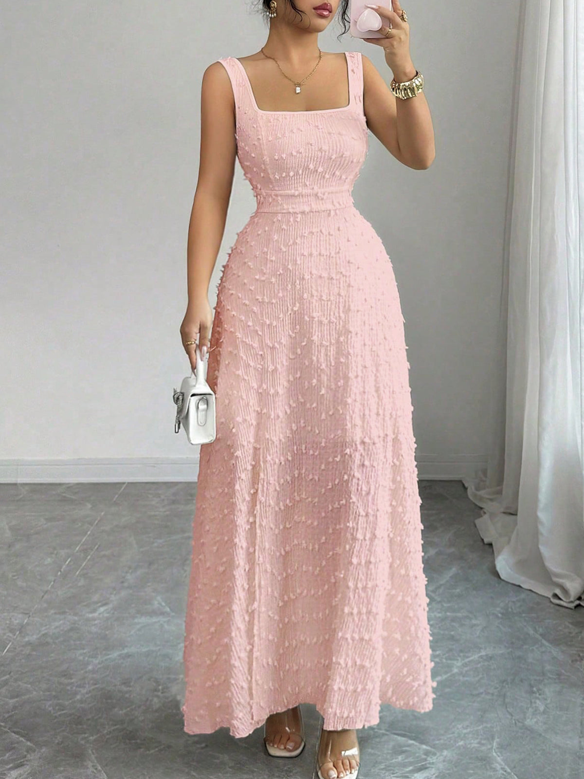 Square-Neck Jacquard Long Dress