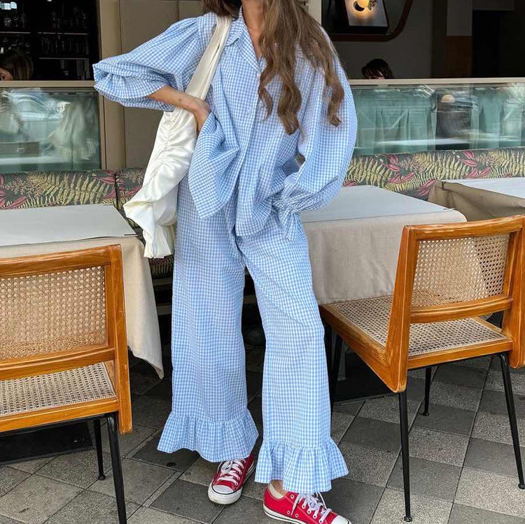 Fashion casual plaid suit women's 2025 new lapel horn sleeve shirt ruffled trousers two-piece set
