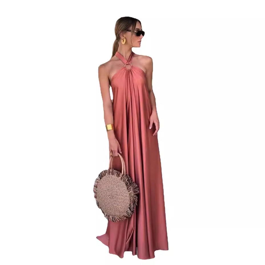 Women's Satin Spaghetti Strap Dress with Large Swing Skirt