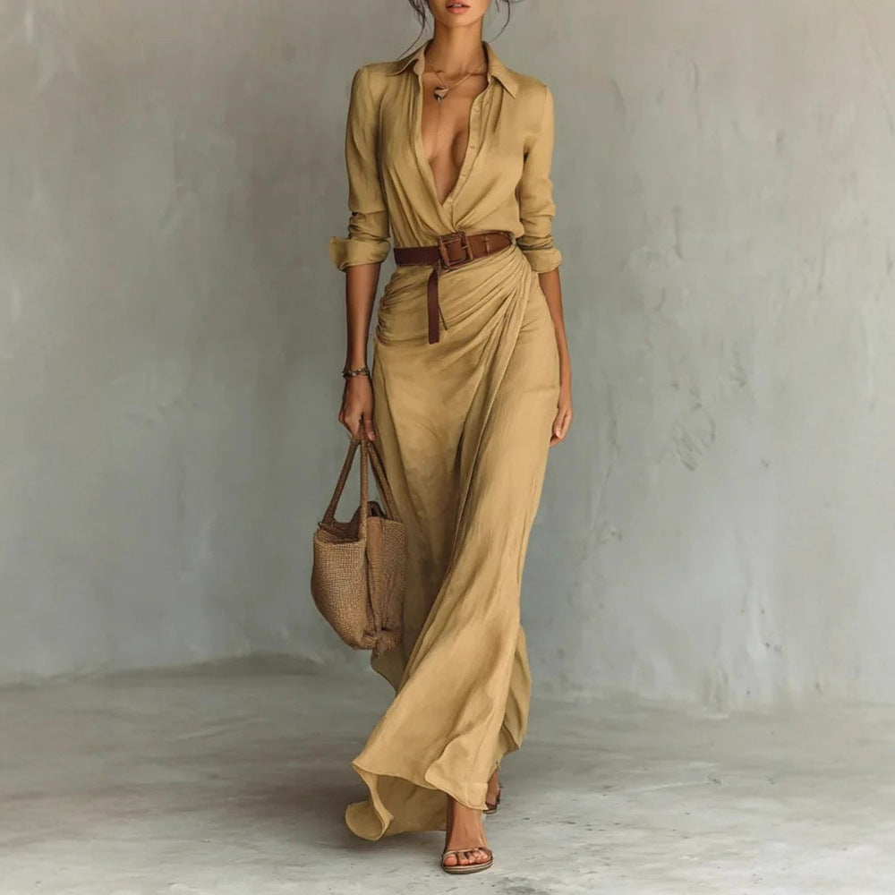 Women's Elegant Solid Color Asymmetrical Pleated Dress with Belt