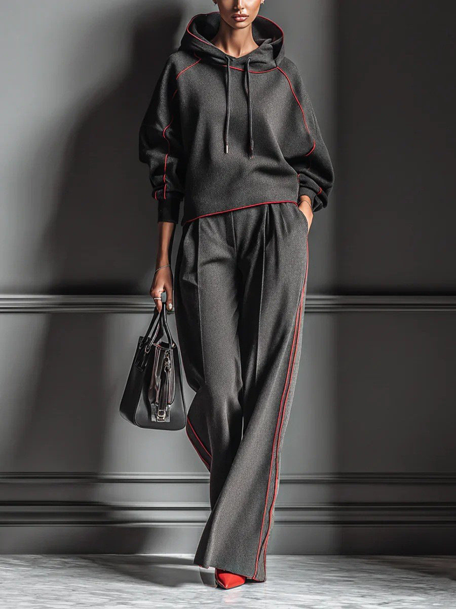 Women's Casual Color Block Hooded Sweatshirt and Pants Two-Piece Set