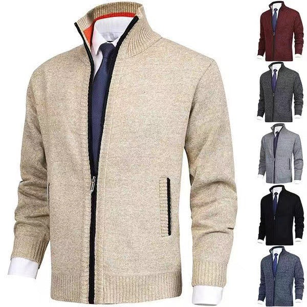 Mens Solid Color Stand Collar Knitted Cardigan