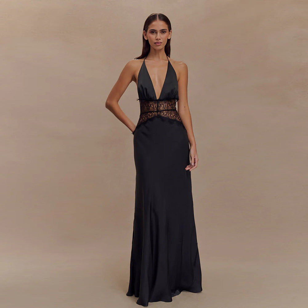 Womens Deep V Backless Lace Dress