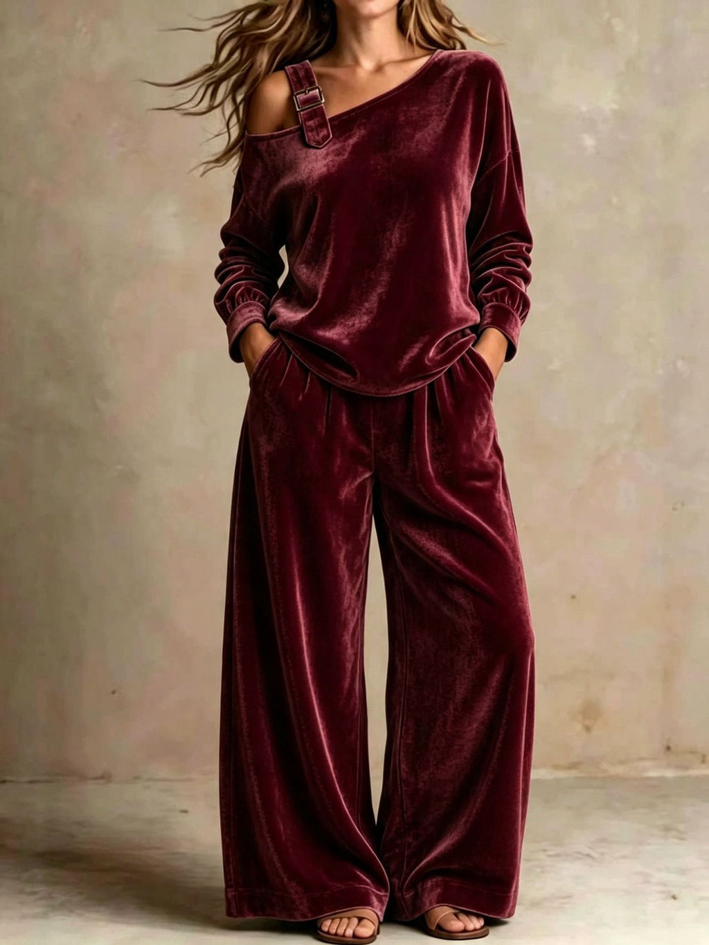 Women's Velvet One-Shoulder Long Sleeve Two-Piece Casual Pantsuit Set