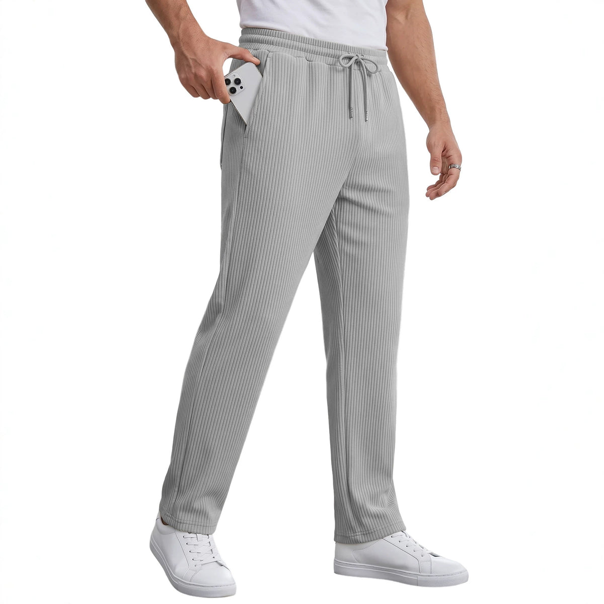 Men's Striped High Waist Wide Leg Straight Pants Casual Trousers