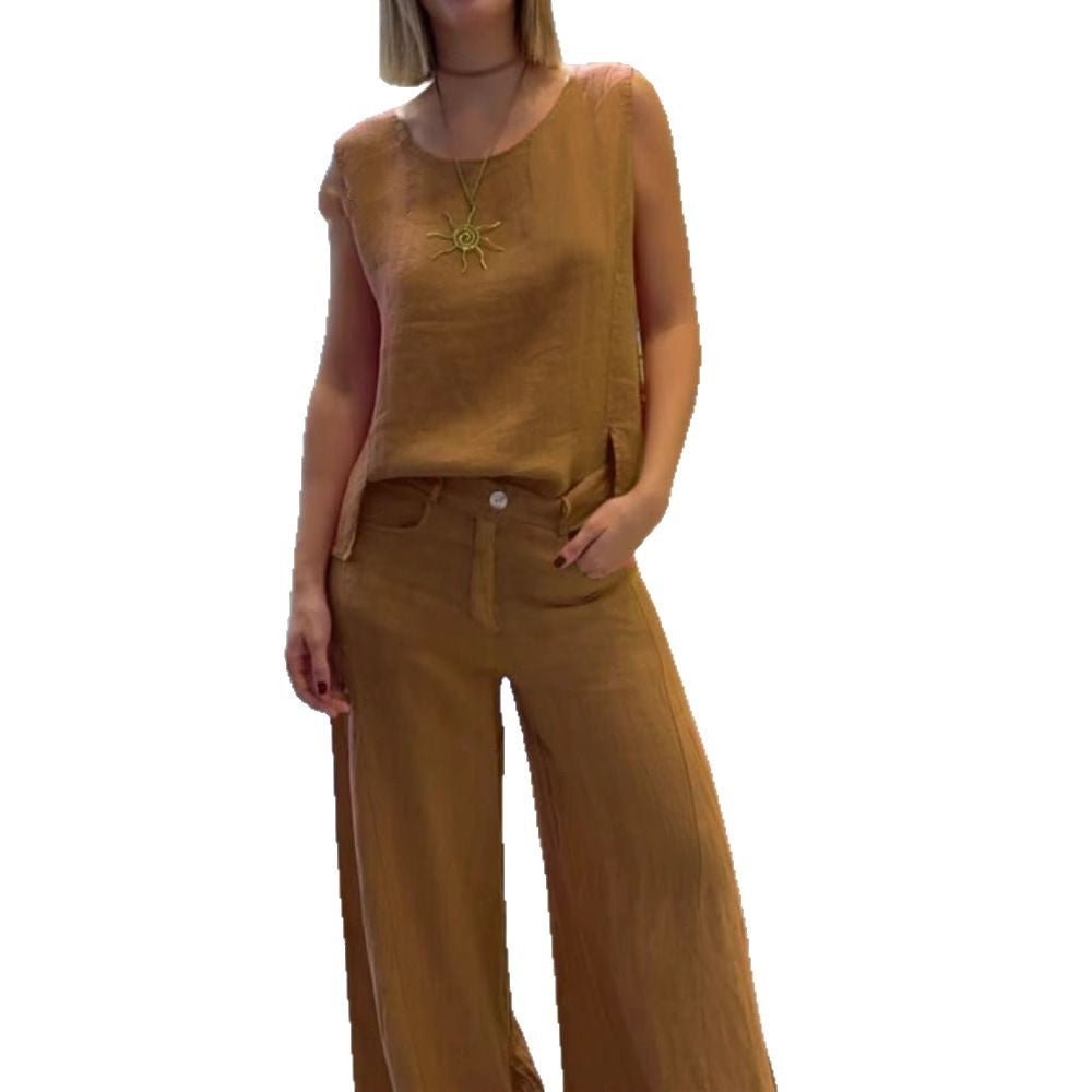 Women's Summer Cotton Linen Solid Color Sleeveless Two-Piece Pantsuit Set