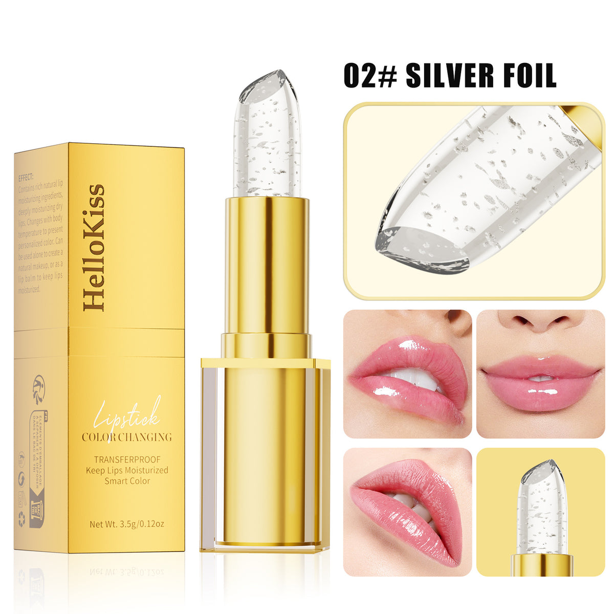 HelloKiss Moisturizing Color Changing Lipstick with Gold and Silver Foil Packaging for Natural Lip Care