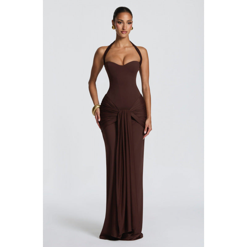Halter Neck Ruched Slim Fit Long Dress