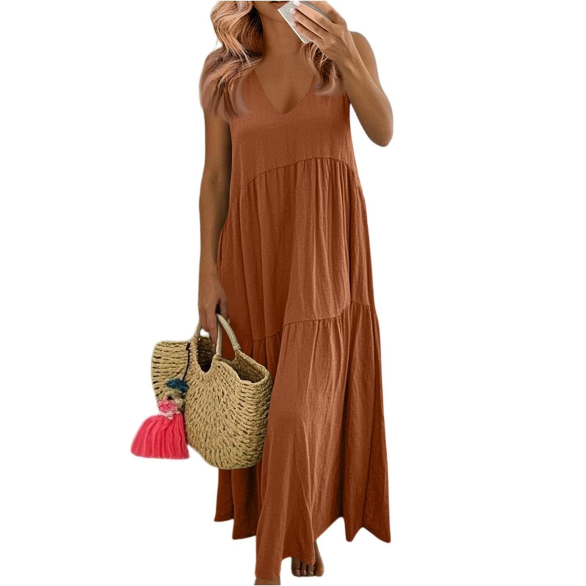 Women's Cotton V-Neck Sleeveless Bohemian Layered Maxi Dress