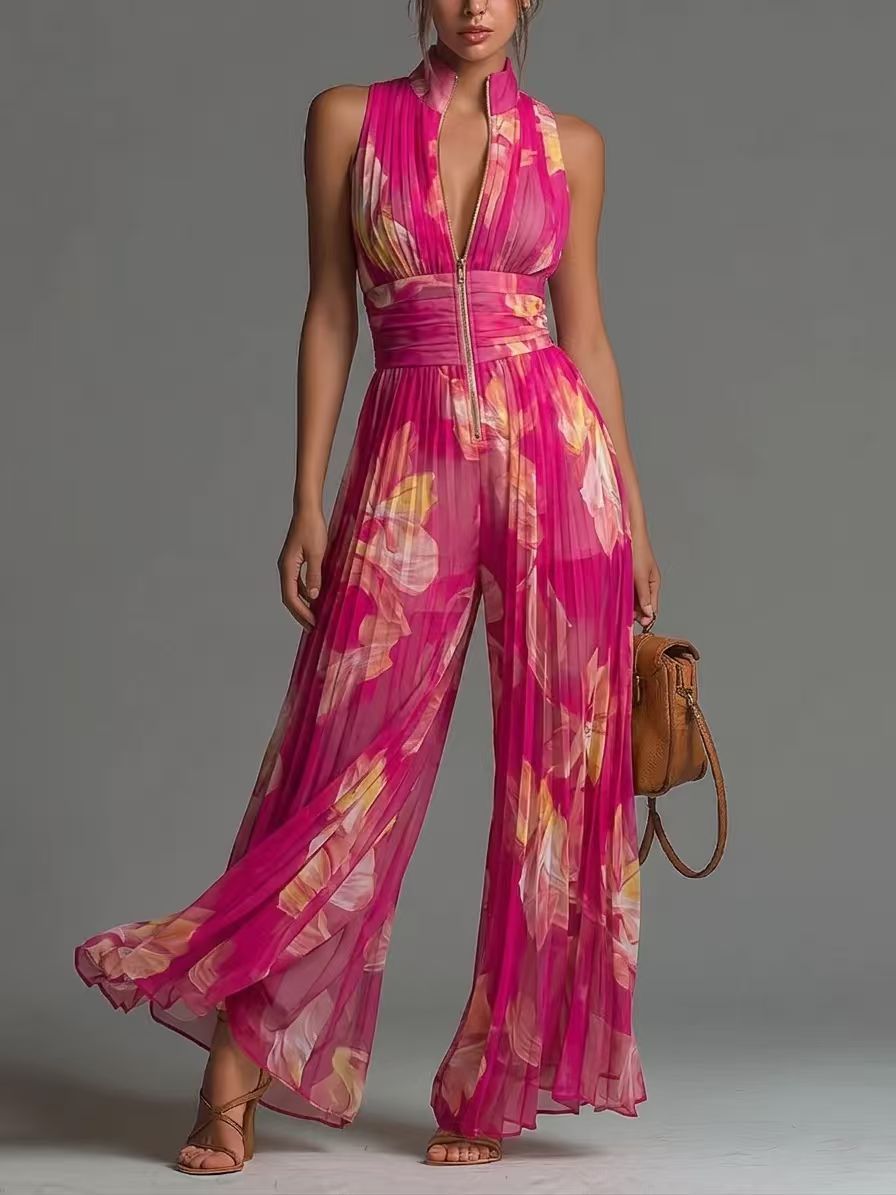 Womens Halter Neck Pleated Wide Leg Jumpsuit