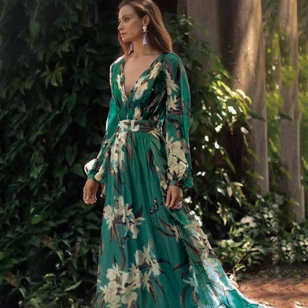 Womens V-Neck Long Sleeve Printed Dress
