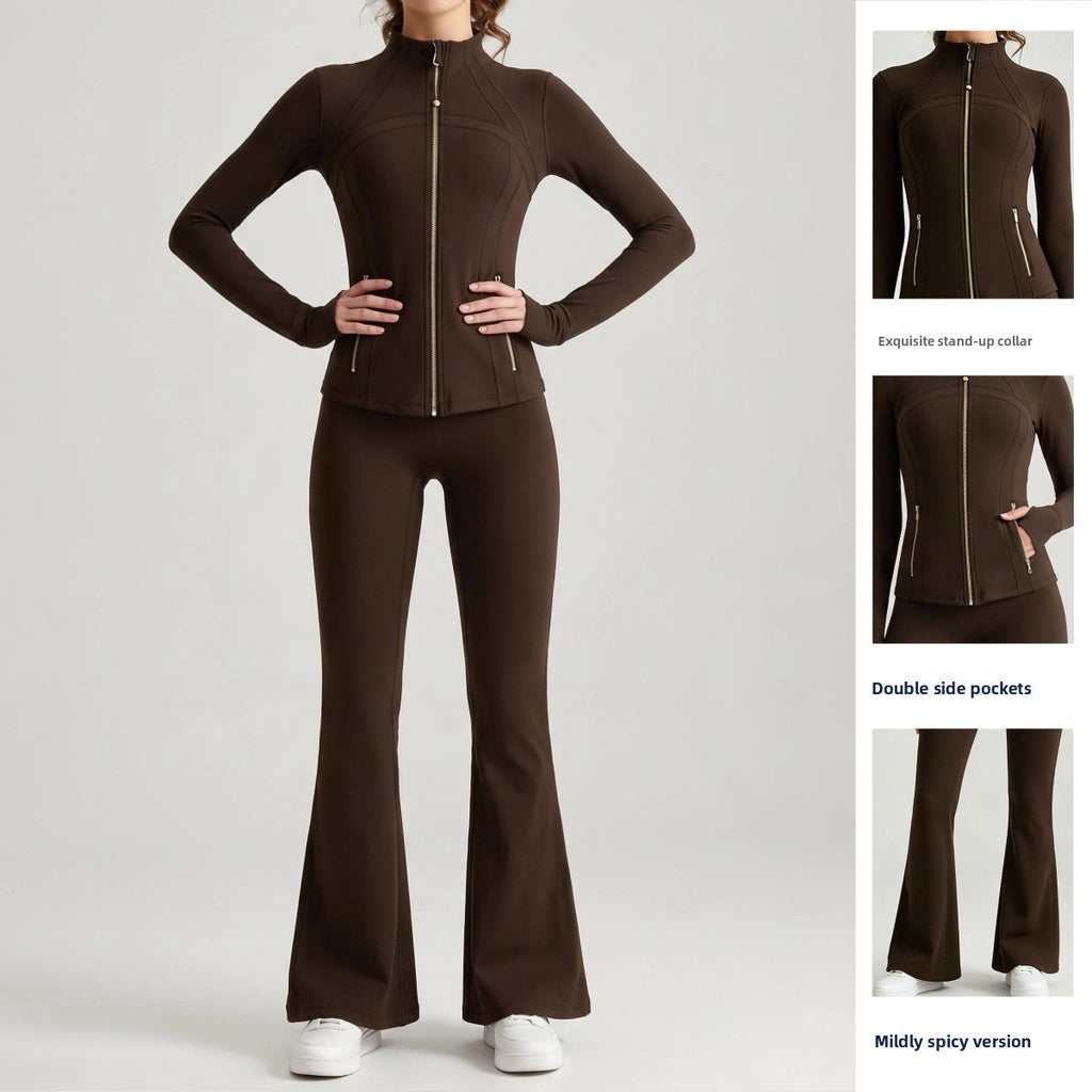 Double-Sided Brushed Yoga Set for Women Stand-Collar Slim-Fit Jacket High-Waist Flared Pants