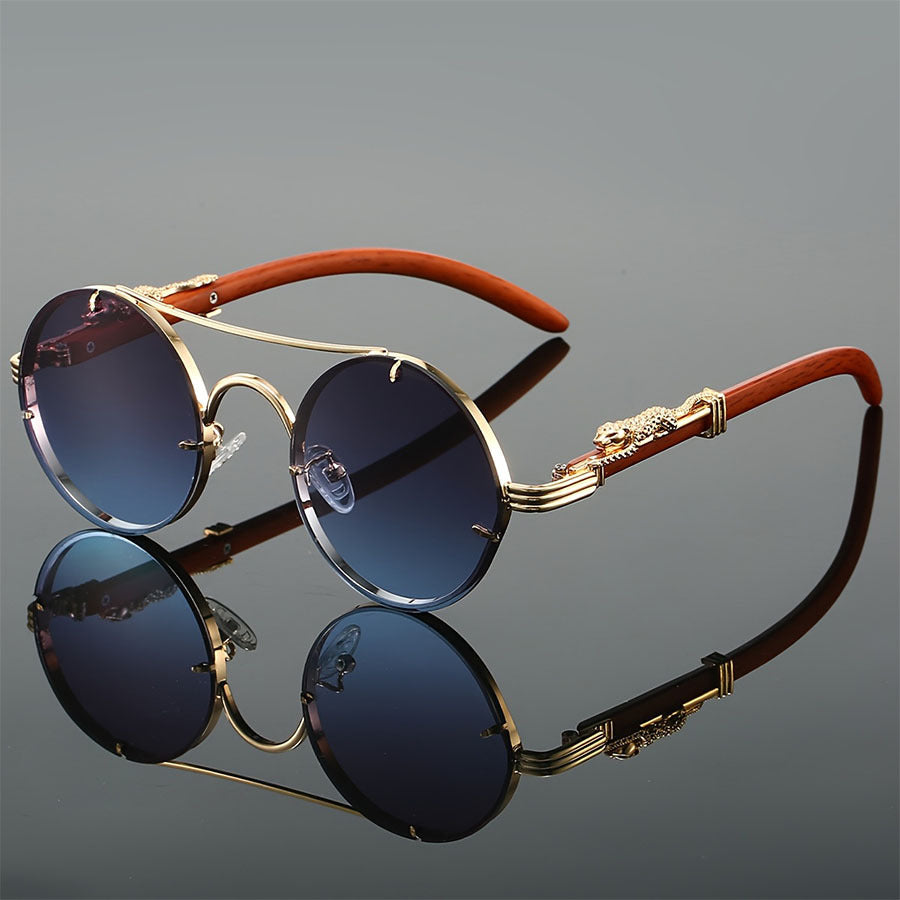 Retro Metal Round Sunglasses with Leopard Head Design