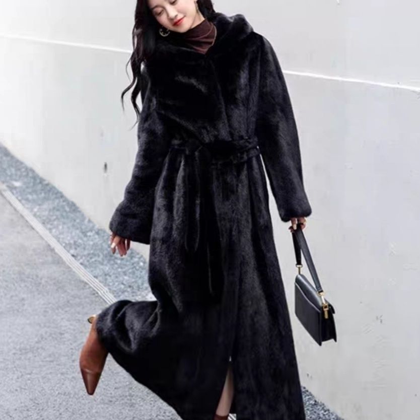 Extra-Long Faux Fur Hooded Coat with Belt for Women