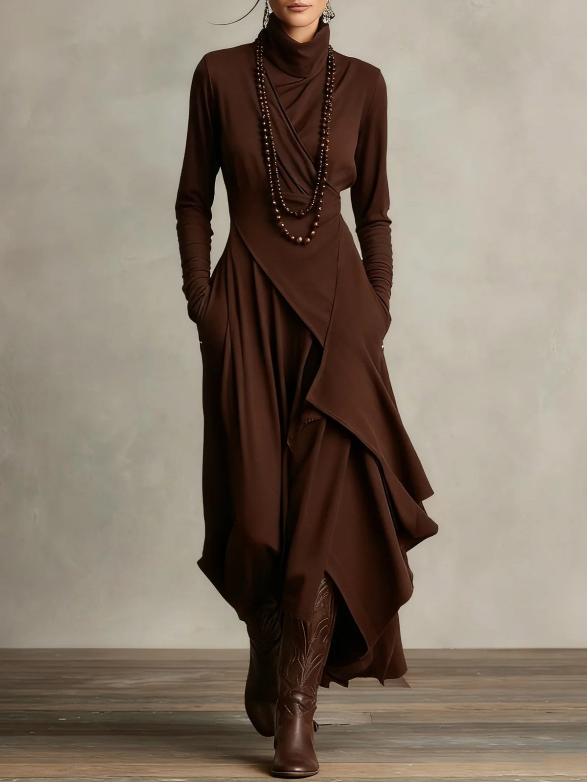 Women's Solid Color Long Sleeve A-Line Knitted Maxi Dress with Half Turtleneck