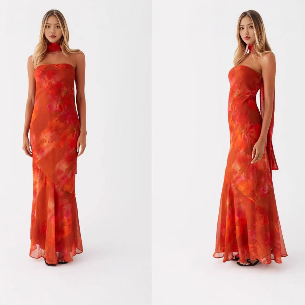 Satin Backless Floral Print Dress