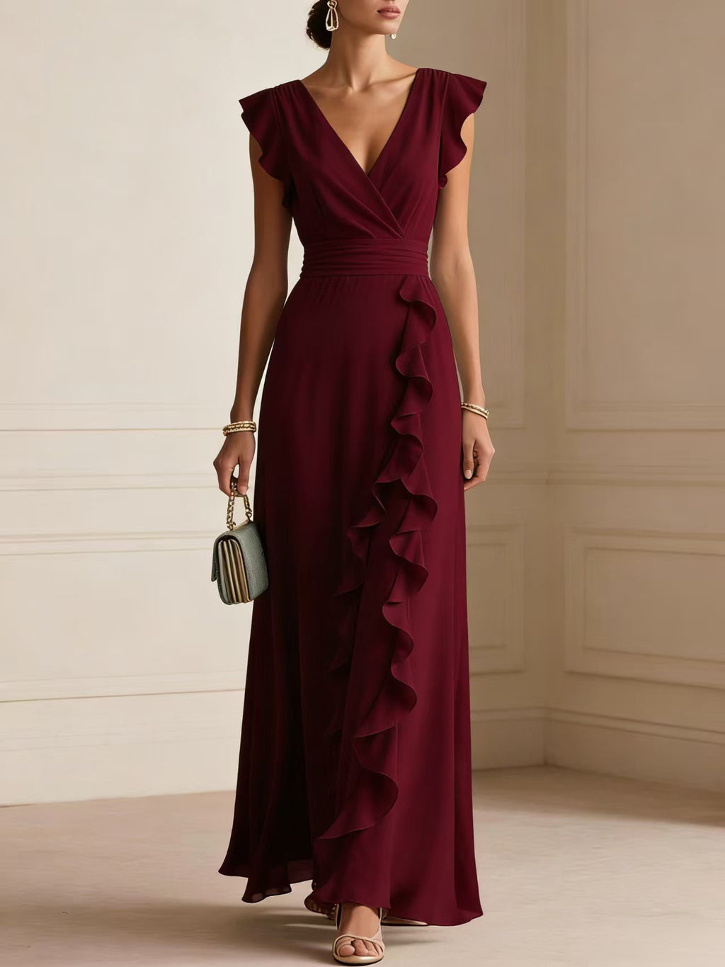 Solid Color, Ruched, Short-Sleeve, V-Neck, Dress, Chiffon Gown