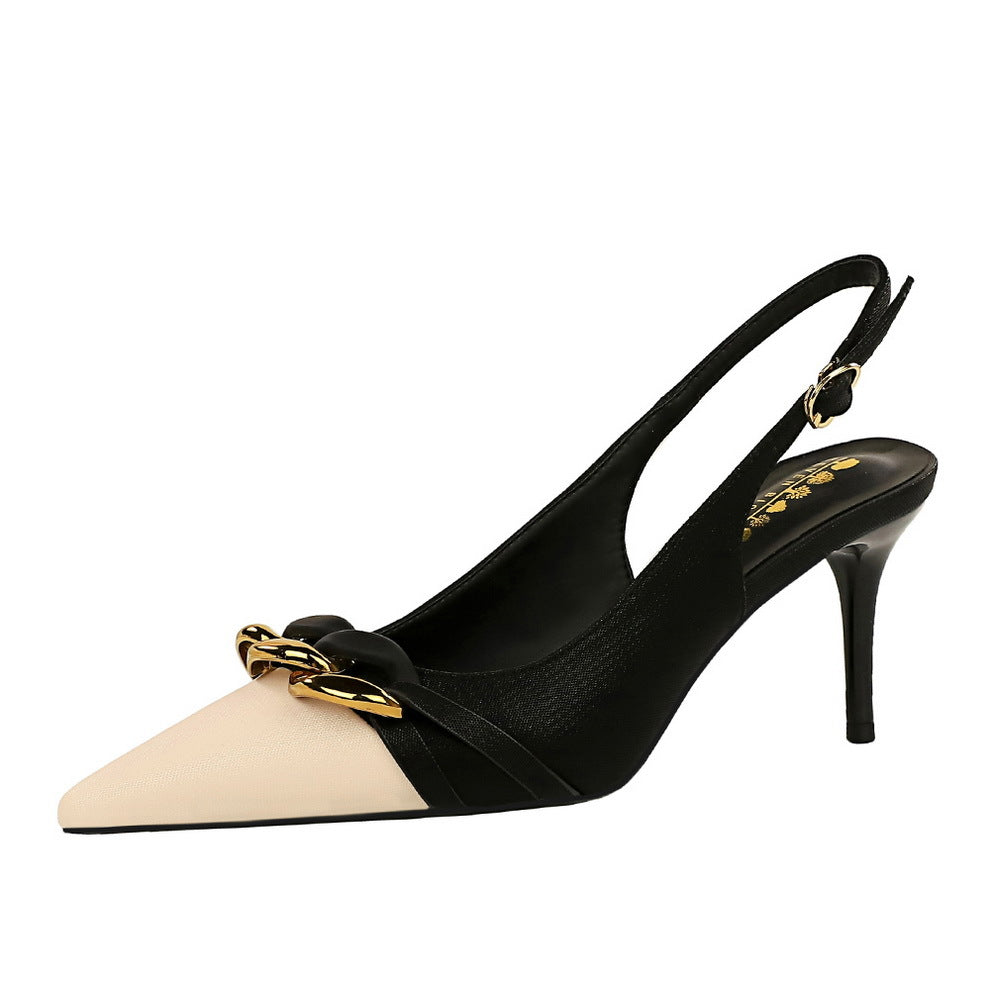Women's Stiletto Heels Patent Leather Color Block Pointed Toe Metal Chain Buckle Strap Cut-Out Banquet Shoes