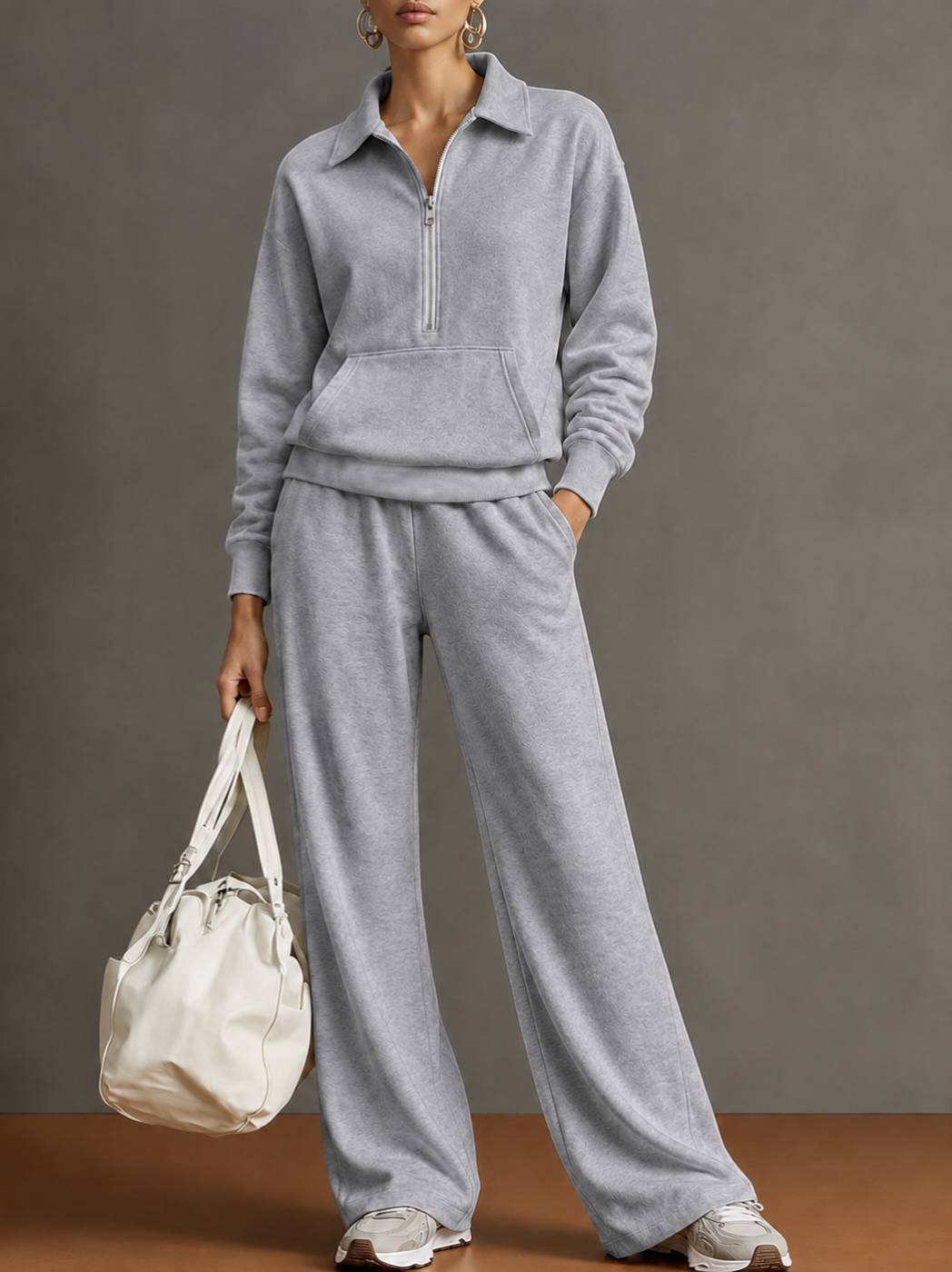 Women Two-Piece Half-Zip Sweatshirt and Wide-Leg Pants Set