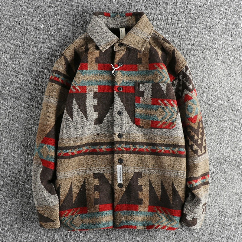 Retro Woolen Tribal Pattern Long Sleeve Shirt Heavyweight Men Autumn Winter Thick Casual Shirt