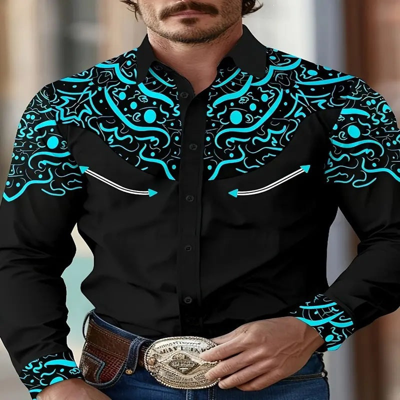 Digital Print Long-Sleeve Men's Slim-Fit Casual Shirt