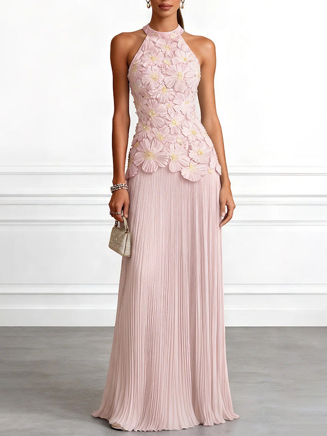 Women Halter Neck Sleeveless Pleated Dress Solid Color Long Maxi Dress