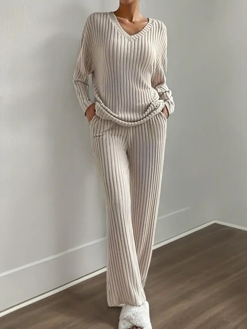 Home Casual Straight Pants Elegant Loose V-neck Pit Two-piece Set