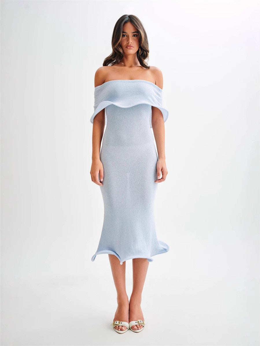 Off-Shoulder Knit Dress with Ruffled Hem