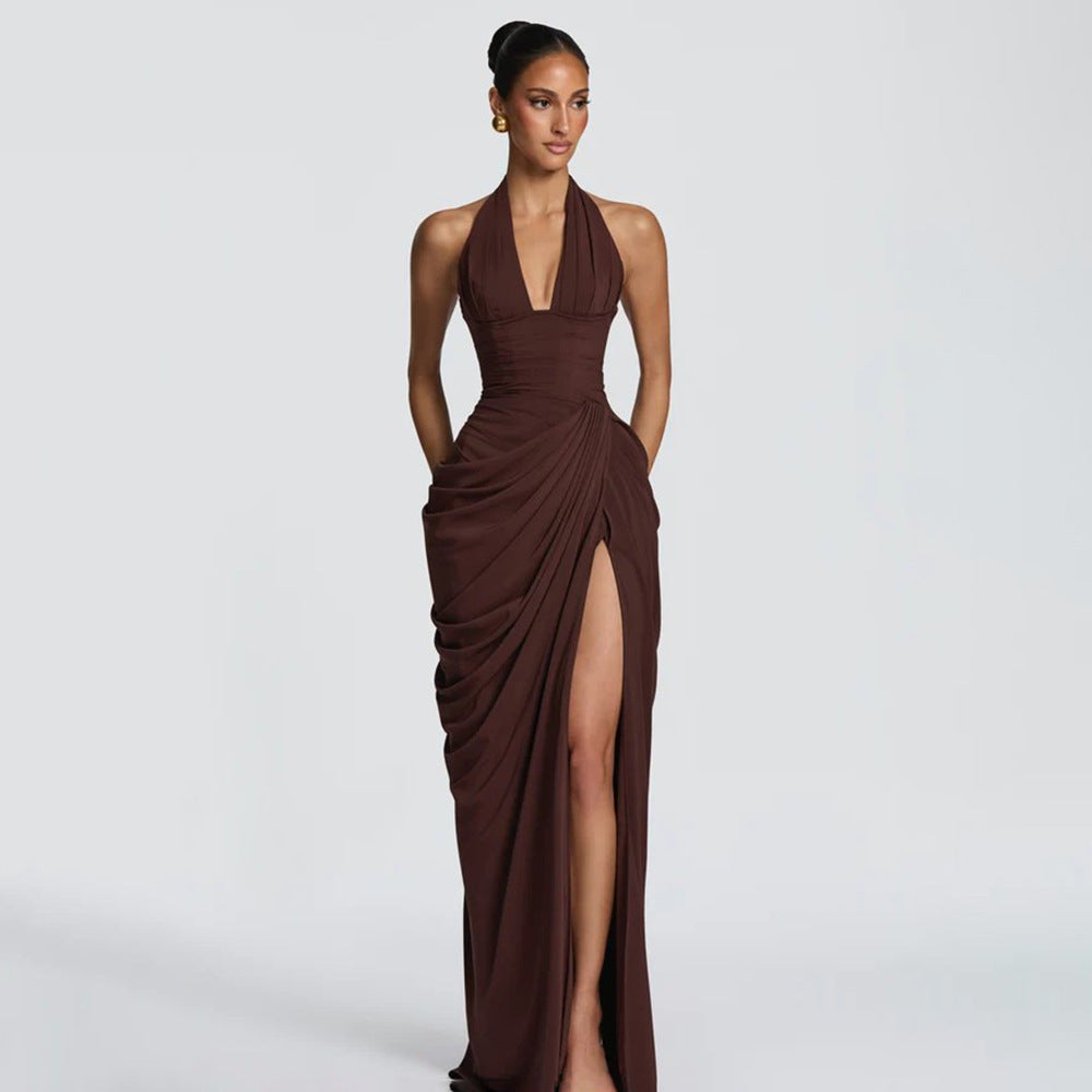 Women Halter V-Neck Pleated Bodycon Dress