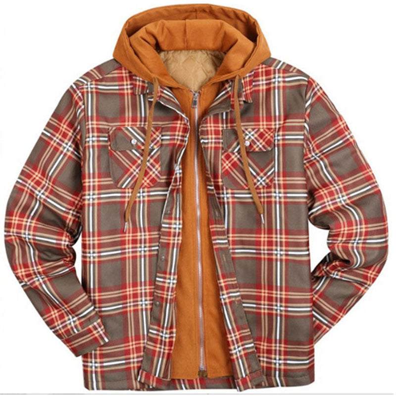 Mens Plaid Hooded Quilted Jacket