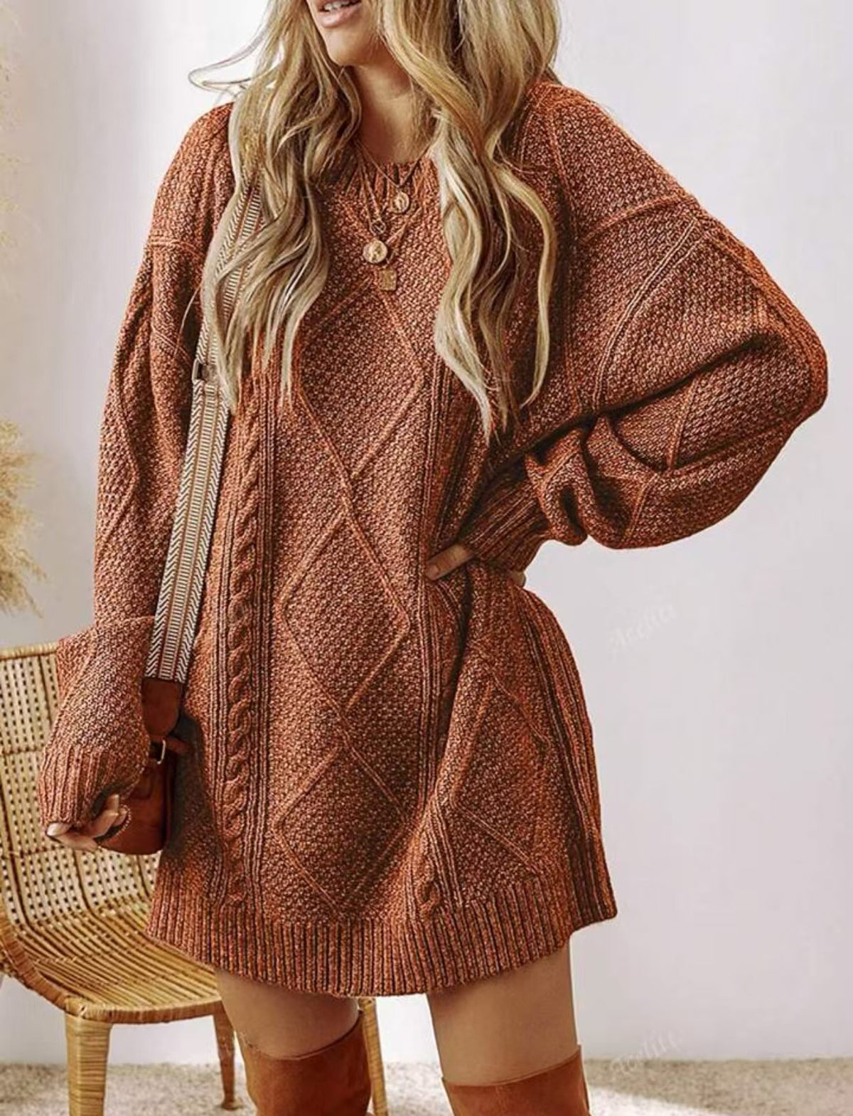 Women's Cable Knit Knee-Length Sweater Dress