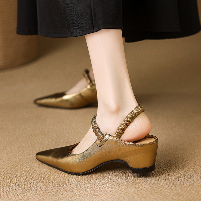 Women's French Style Lambskin Pointed Toe Open Back High Heel Sandals