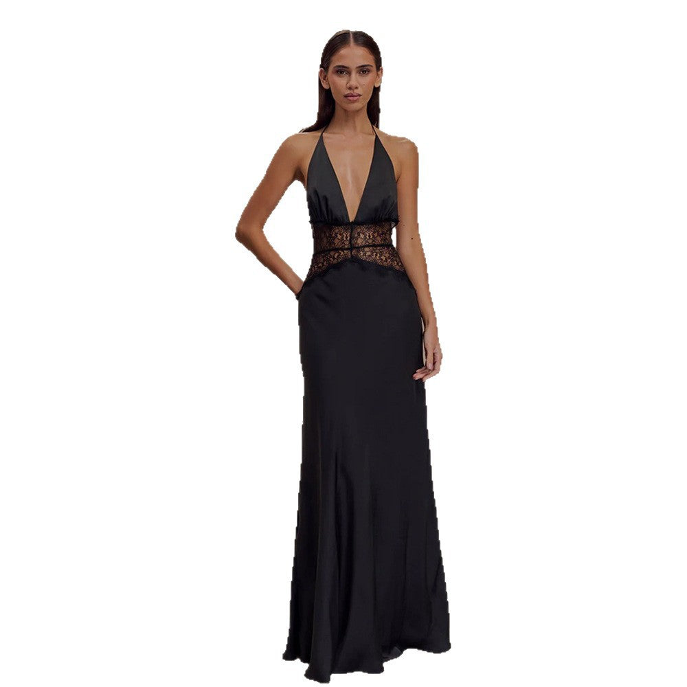Womens Deep V Backless Lace Dress