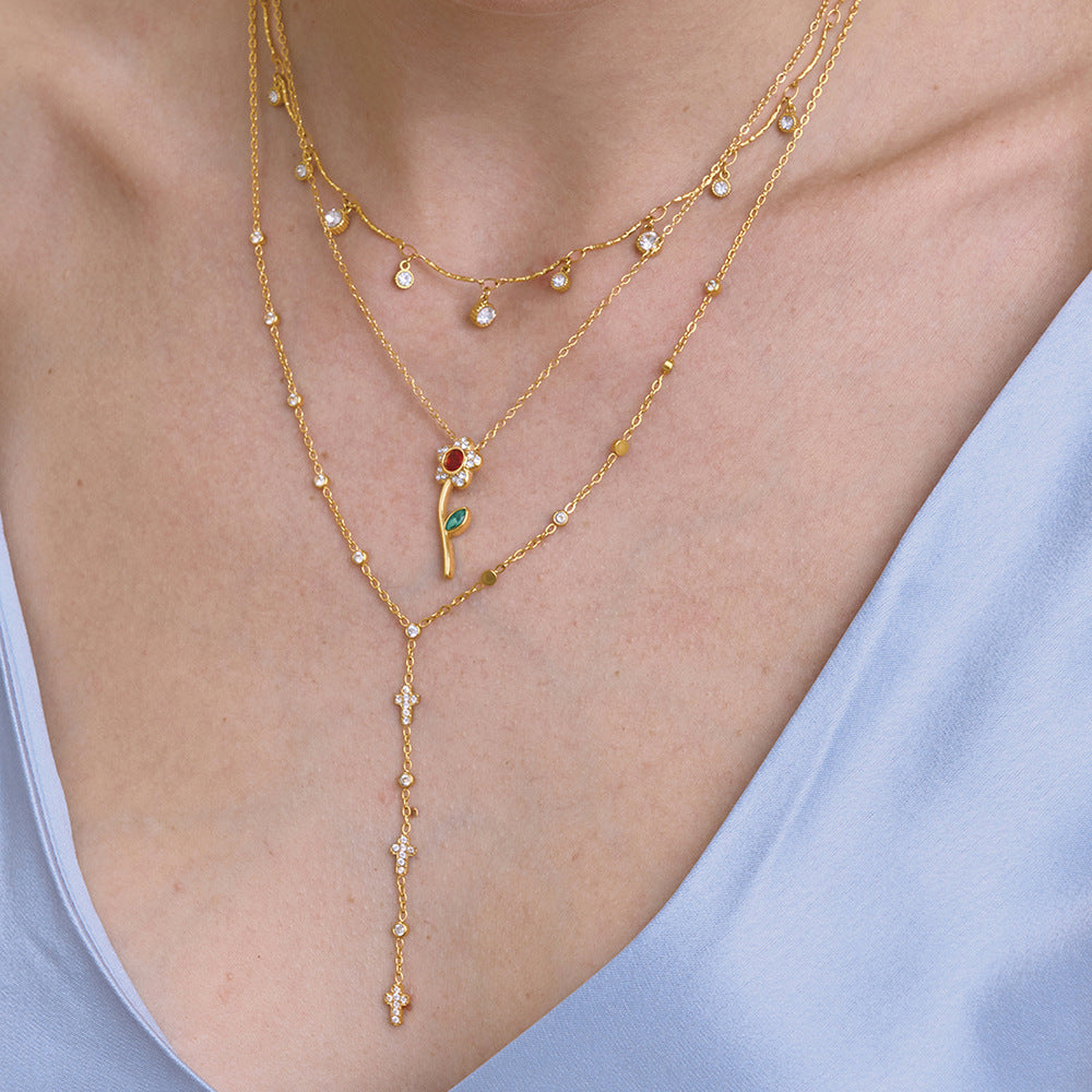18K Gold Plated Stainless Steel Rhinestone Flower Pendant Necklace for Women