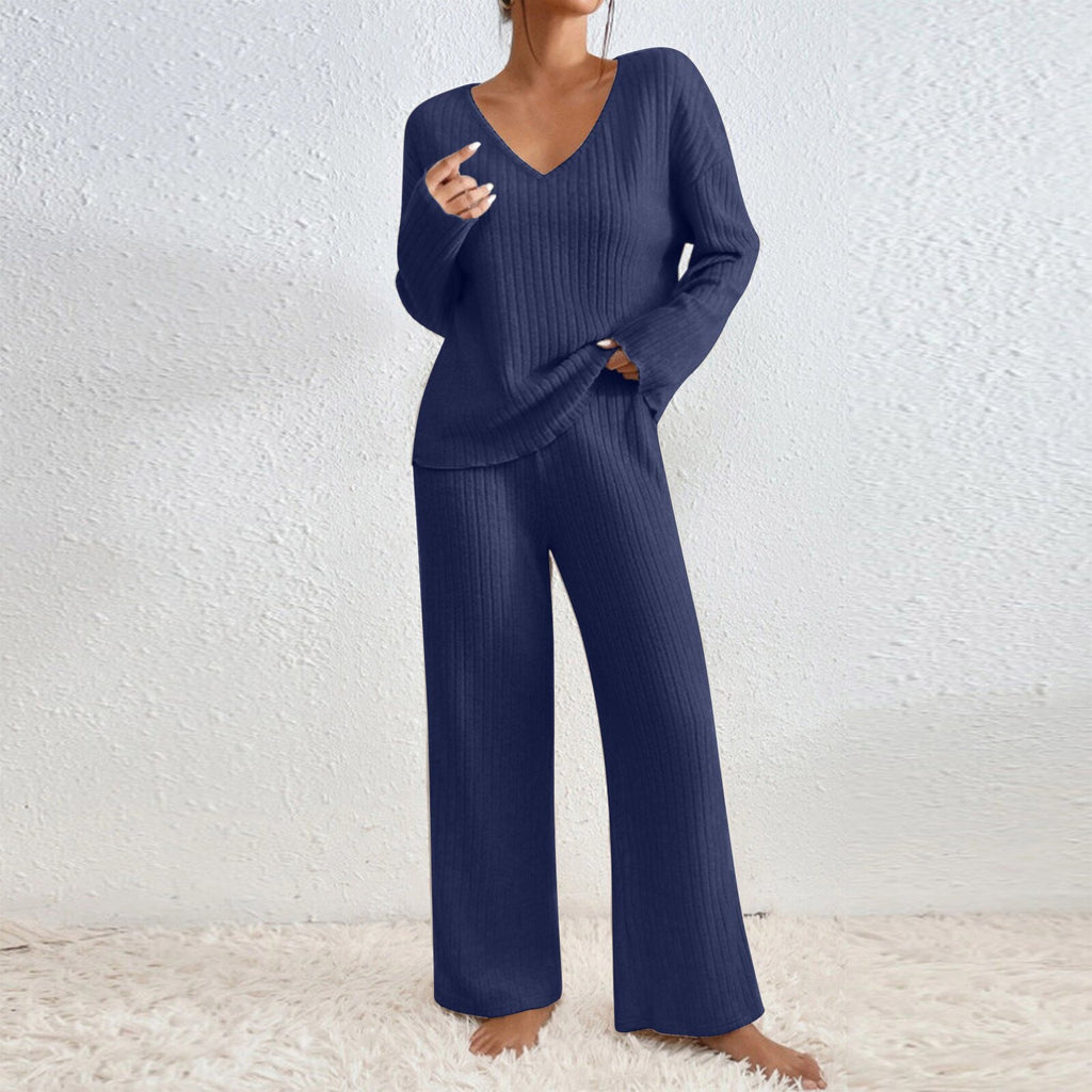 Women V-Neck Loose Ribbed Knit Long Sleeve Top Suit Set