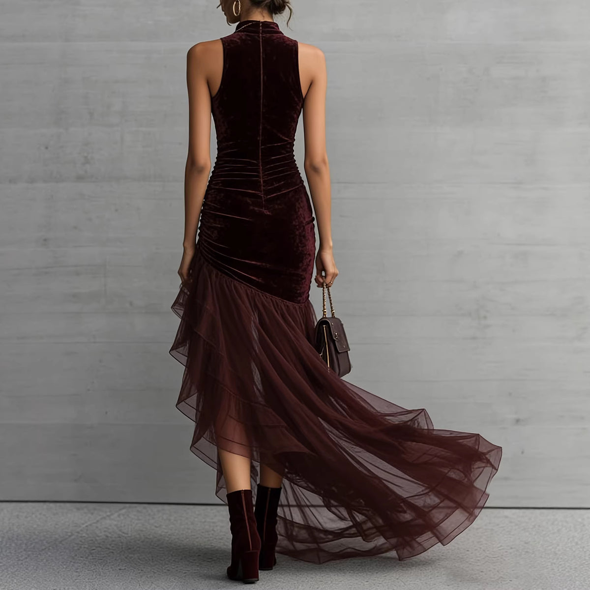 Women's Velvet High-Neck Sleeveless Evening Dress with Pleated Tulle Train