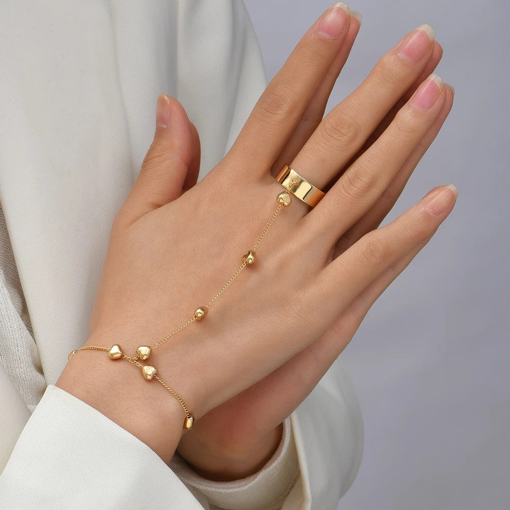 Vintage Heart Hand Chain Bracelet Ring Set for Women