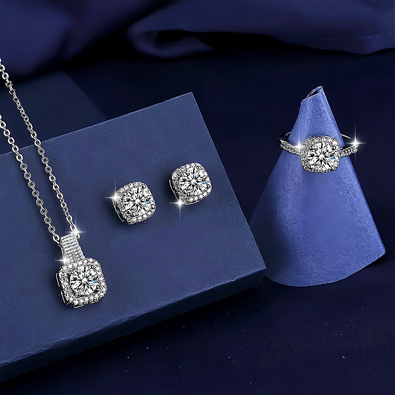 Square Rhinestone Jewelry Set Necklace Ring Earrings