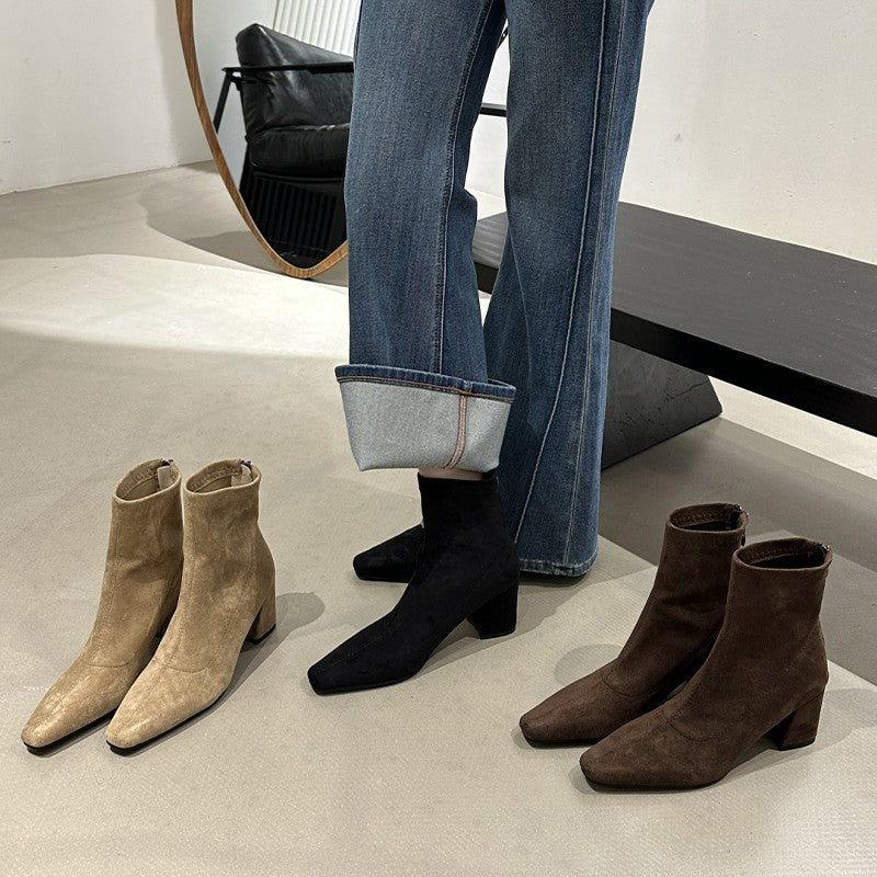 Women Suede Square Toe Thick Heel Back Zipper Short Boots